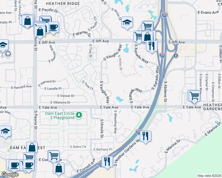 map of restaurants, bars, coffee shops, grocery stores, and more near 2650 South Vaughn Way in Aurora