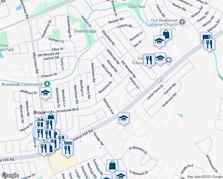 map of restaurants, bars, coffee shops, grocery stores, and more near 24 Sandalwood Drive in Newark