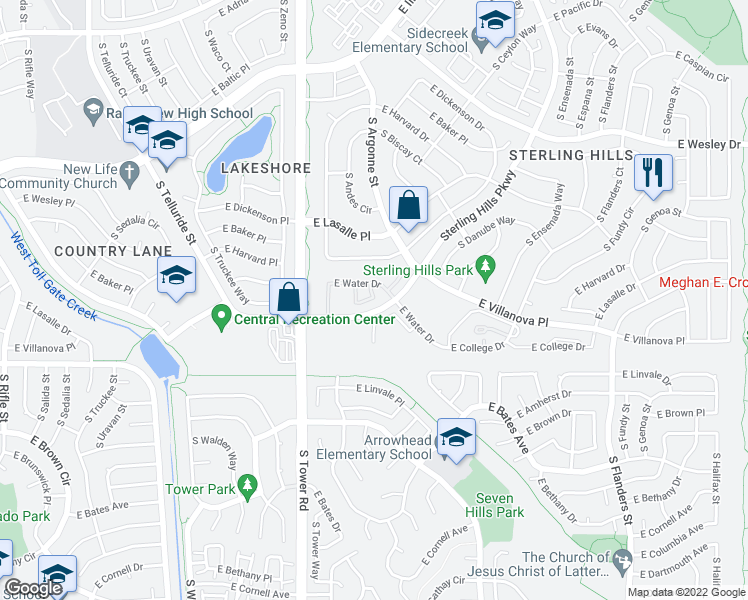 map of restaurants, bars, coffee shops, grocery stores, and more near 18727 East Yale Circle in Aurora