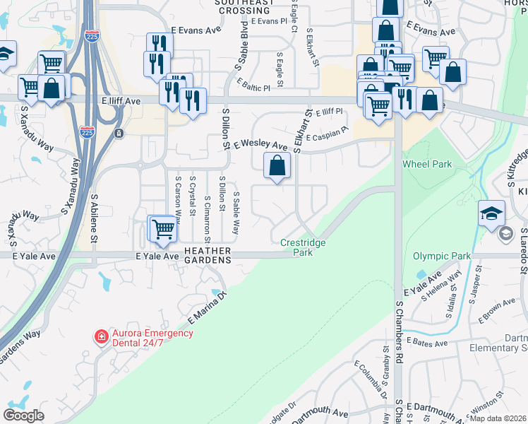 map of restaurants, bars, coffee shops, grocery stores, and more near 2538 South Dawson Court in Aurora