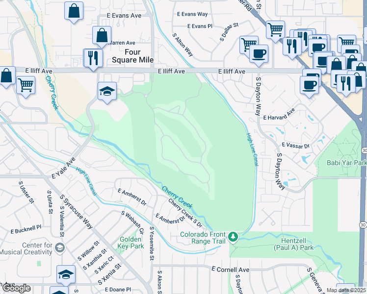 map of restaurants, bars, coffee shops, grocery stores, and more near 9191 East Harvard Avenue in Denver