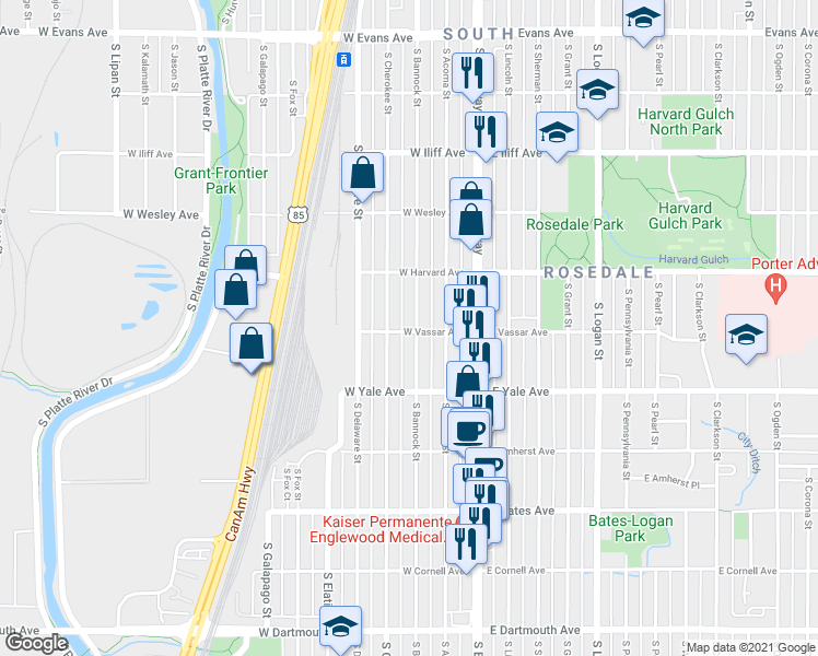 map of restaurants, bars, coffee shops, grocery stores, and more near 2624 South Cherokee Street in Denver