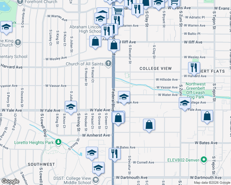 map of restaurants, bars, coffee shops, grocery stores, and more near 2661 South Federal Boulevard in Denver