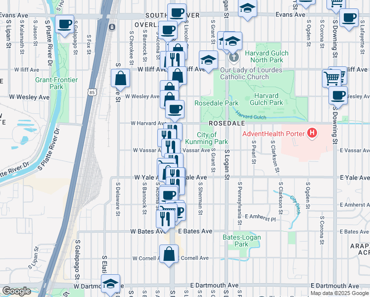 map of restaurants, bars, coffee shops, grocery stores, and more near 2621 South Lincoln Street in Denver