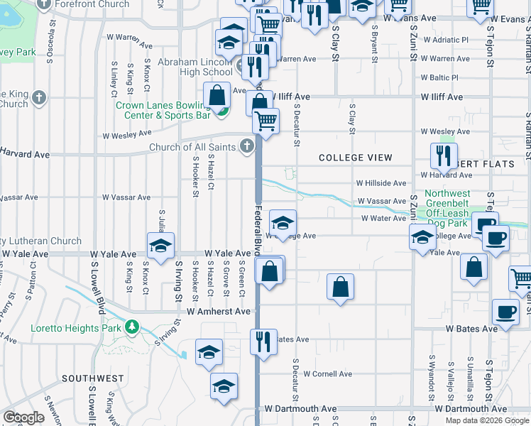map of restaurants, bars, coffee shops, grocery stores, and more near 2630 South Federal Boulevard in Denver