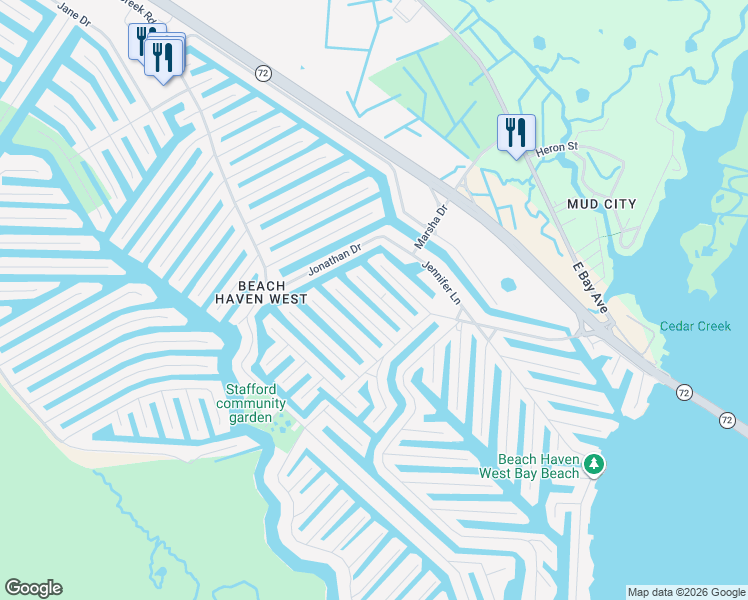 map of restaurants, bars, coffee shops, grocery stores, and more near 36 Linda Road in Stafford Township