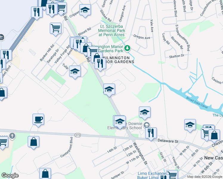 map of restaurants, bars, coffee shops, grocery stores, and more near 724 East Basin Road in Wilmington Manor