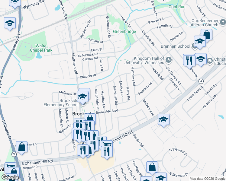map of restaurants, bars, coffee shops, grocery stores, and more near 52 Montrose Drive in Newark