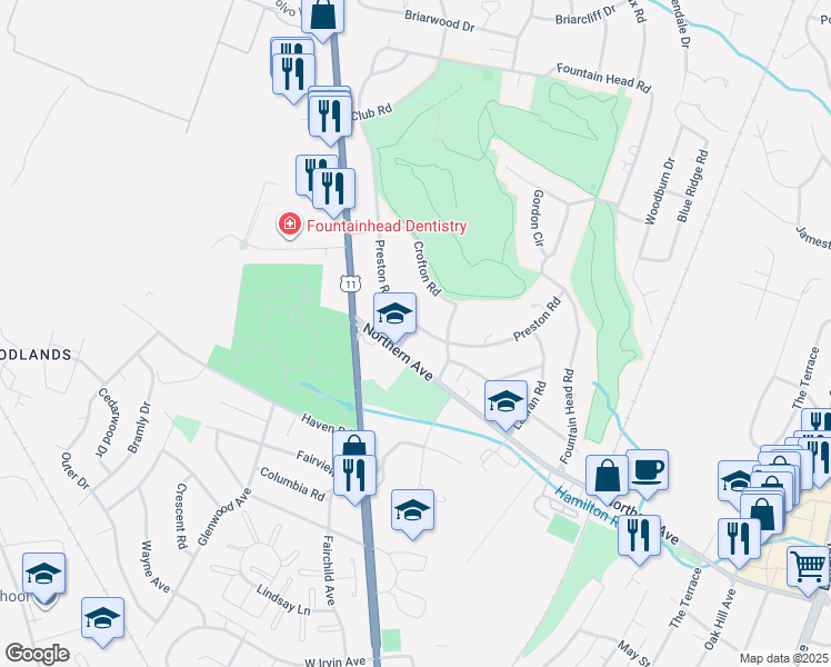 map of restaurants, bars, coffee shops, grocery stores, and more near 18841 Preston Road in Hagerstown
