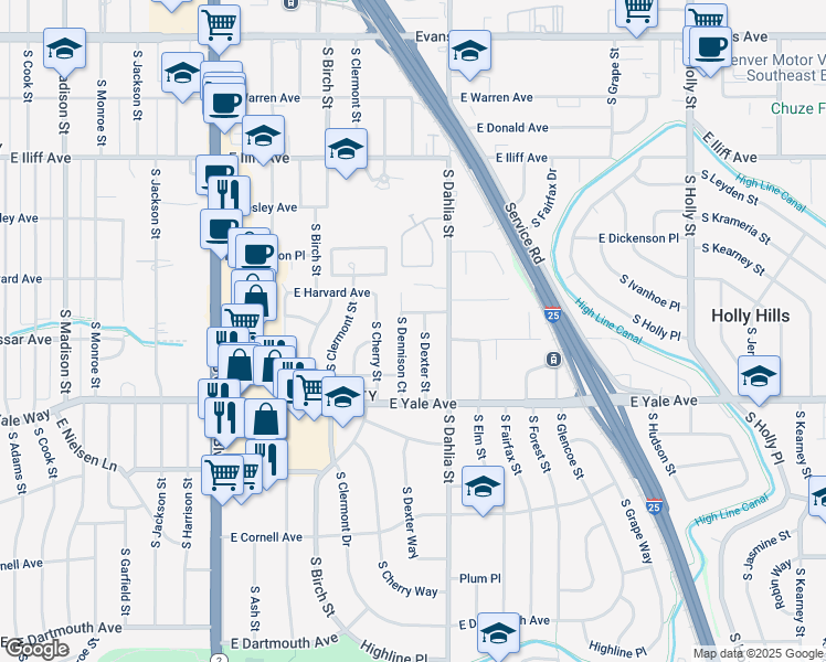map of restaurants, bars, coffee shops, grocery stores, and more near in Denver