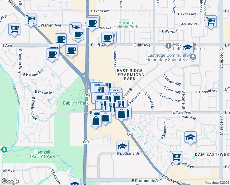 map of restaurants, bars, coffee shops, grocery stores, and more near 2620 South Parker Road in Aurora
