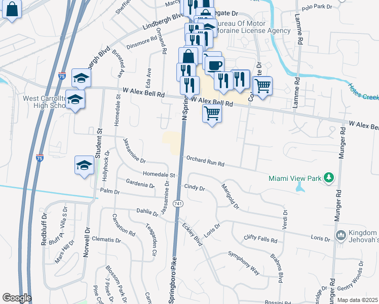 map of restaurants, bars, coffee shops, grocery stores, and more near 5900 North Springboro Pike in Dayton