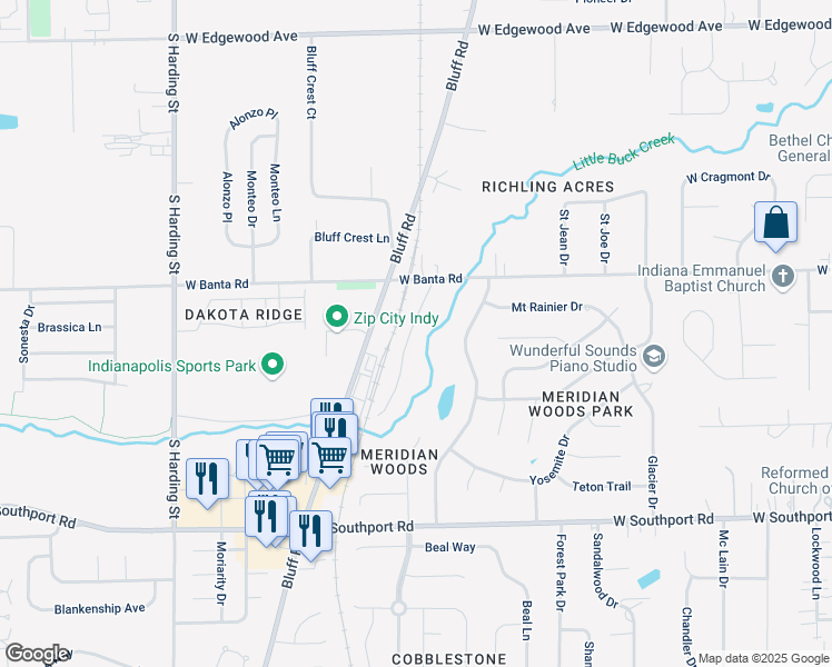 map of restaurants, bars, coffee shops, grocery stores, and more near 6653 Creek Bay Drive in Indianapolis