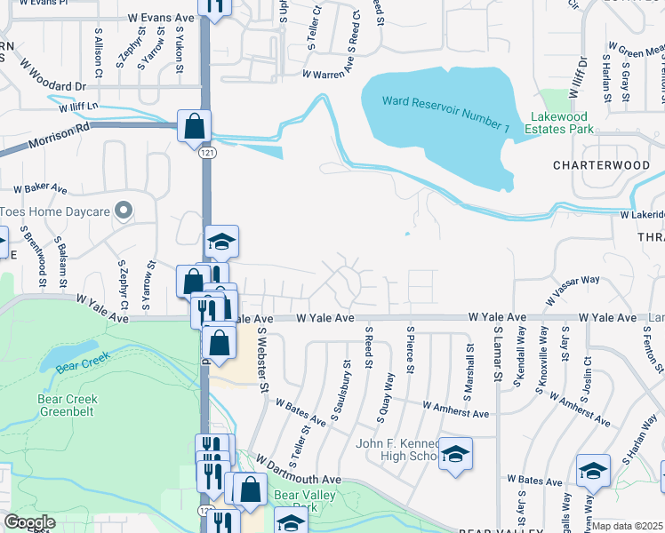map of restaurants, bars, coffee shops, grocery stores, and more near 3405 West Yale Avenue Pvt Road in Denver