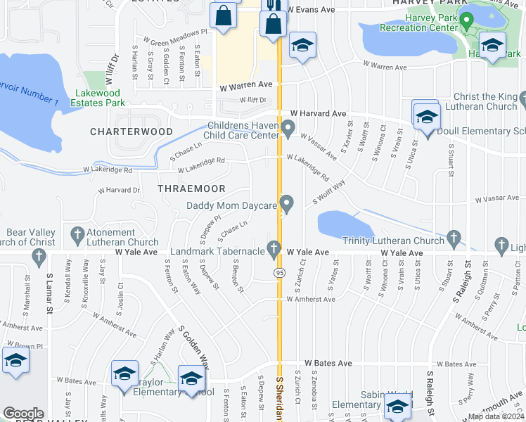 map of restaurants, bars, coffee shops, grocery stores, and more near 2575 South Sheridan Boulevard in Lakewood