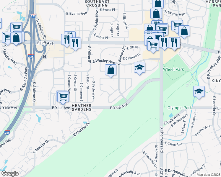 map of restaurants, bars, coffee shops, grocery stores, and more near 2558 South Eagle Circle in Aurora