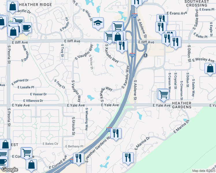 map of restaurants, bars, coffee shops, grocery stores, and more near 2640 South Xanadu Way in Aurora