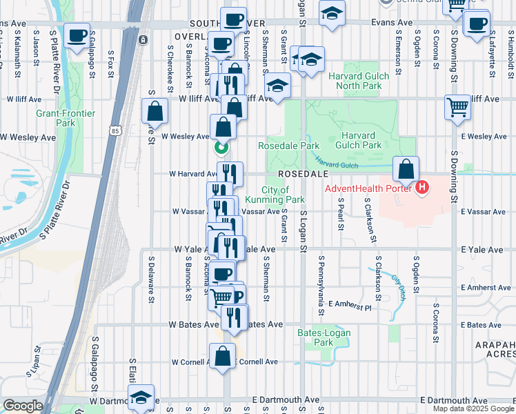 map of restaurants, bars, coffee shops, grocery stores, and more near 2626 South Sherman Street in Denver