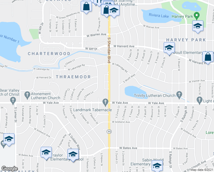 map of restaurants, bars, coffee shops, grocery stores, and more near 2595 South Sheridan Boulevard in Lakewood