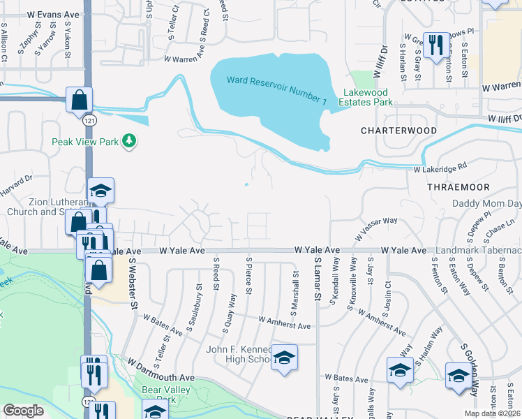 map of restaurants, bars, coffee shops, grocery stores, and more near 6727 West Yale Avenue in Lakewood