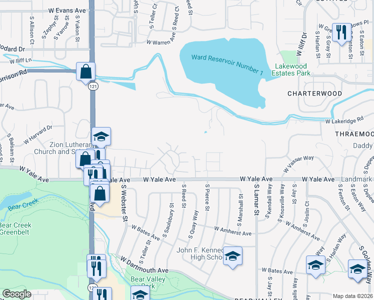 map of restaurants, bars, coffee shops, grocery stores, and more near 6969 West Yale Avenue Pvt Road in Denver