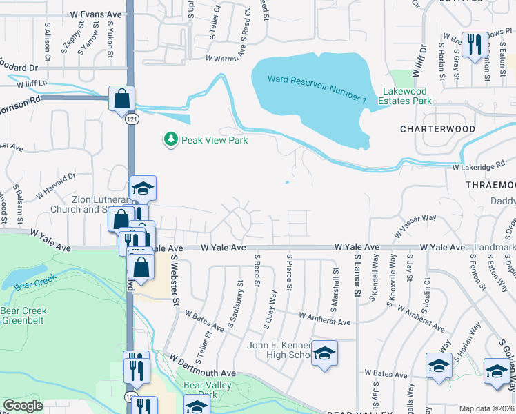 map of restaurants, bars, coffee shops, grocery stores, and more near 6969 West Yale Avenue Pvt Road in Denver