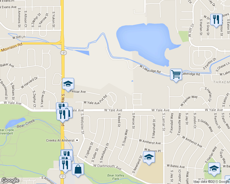 map of restaurants, bars, coffee shops, grocery stores, and more near 6969 West Yale Avenue Pvt Road in Denver
