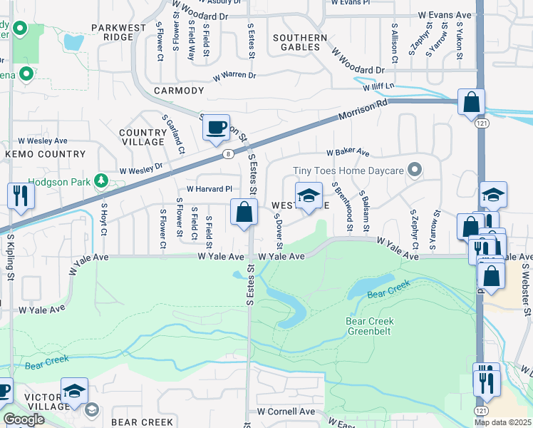 map of restaurants, bars, coffee shops, grocery stores, and more near 2557 South Dover Street in Lakewood