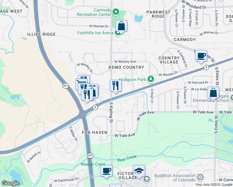 map of restaurants, bars, coffee shops, grocery stores, and more near 9881 West La Salle Place in Lakewood