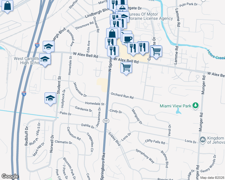 map of restaurants, bars, coffee shops, grocery stores, and more near in Dayton