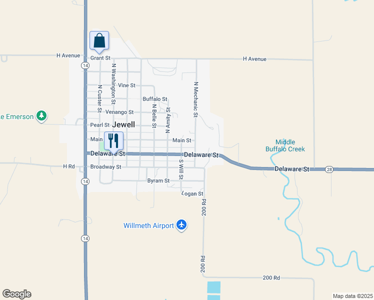 map of restaurants, bars, coffee shops, grocery stores, and more near 201-205 South Mechanic Street in Jewell