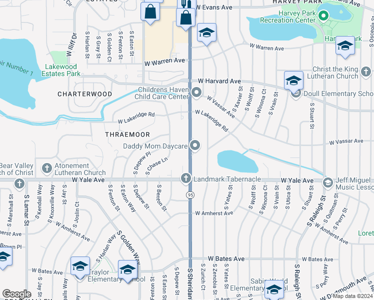 map of restaurants, bars, coffee shops, grocery stores, and more near 2565 South Sheridan Boulevard in Lakewood