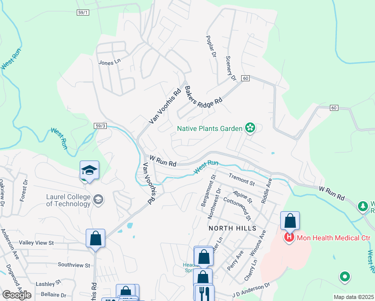 map of restaurants, bars, coffee shops, grocery stores, and more near 5000 Station Street in Morgantown