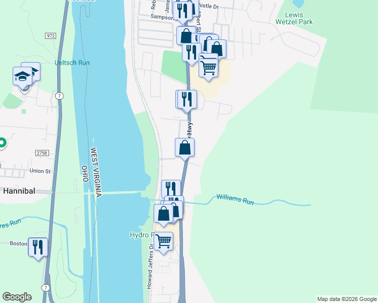 map of restaurants, bars, coffee shops, grocery stores, and more near 196 West Virginia 2 in New Martinsville