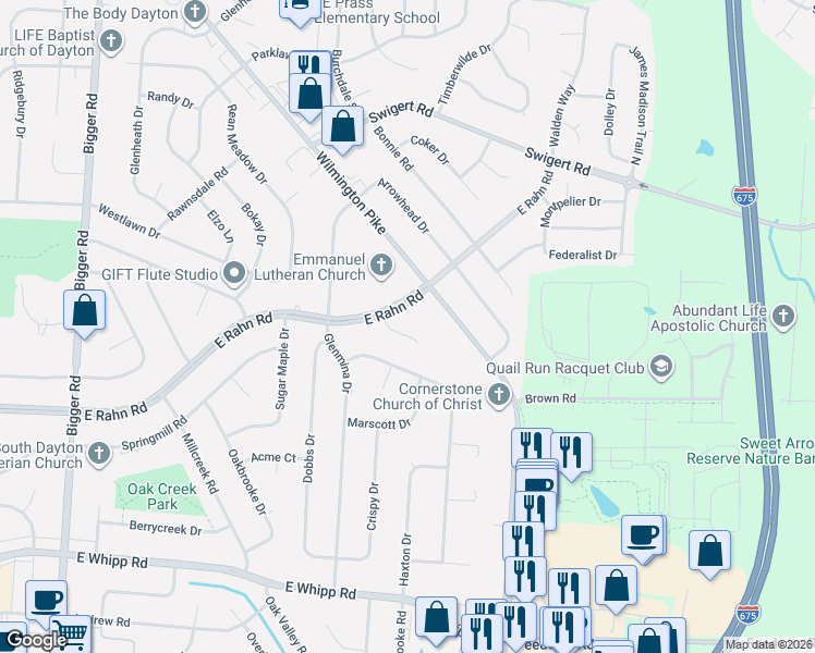 map of restaurants, bars, coffee shops, grocery stores, and more near 4901 Wilmington Pike in Dayton
