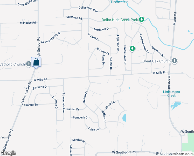 map of restaurants, bars, coffee shops, grocery stores, and more near 5629 West Mills Road in Indianapolis