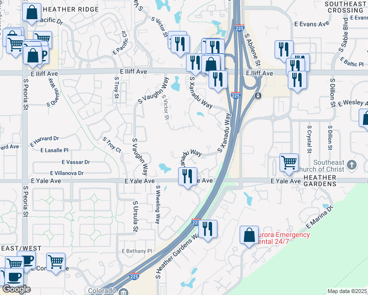 map of restaurants, bars, coffee shops, grocery stores, and more near 2501 South Victor Street in Aurora