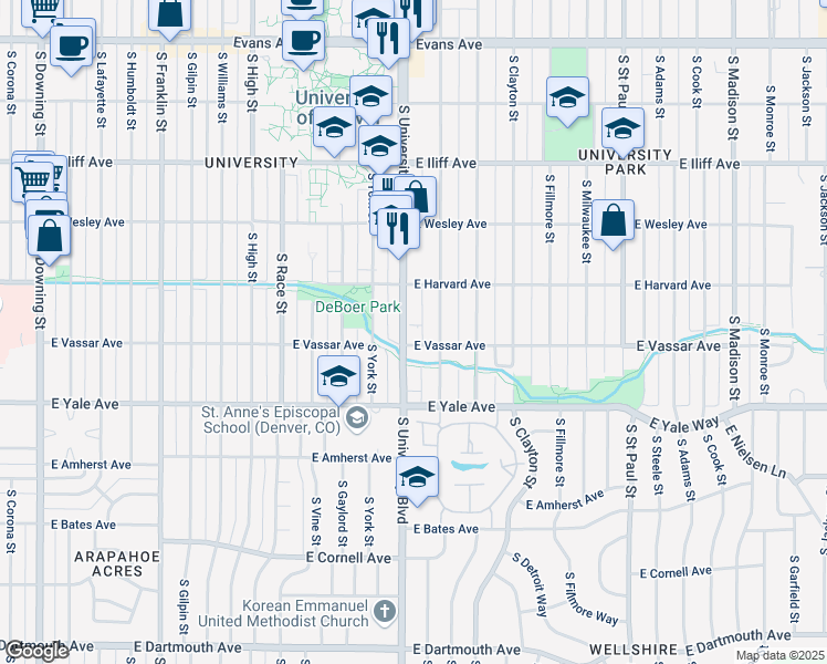 map of restaurants, bars, coffee shops, grocery stores, and more near 2527 South University Boulevard in Denver