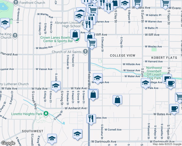map of restaurants, bars, coffee shops, grocery stores, and more near 2615 South Federal Boulevard in Denver
