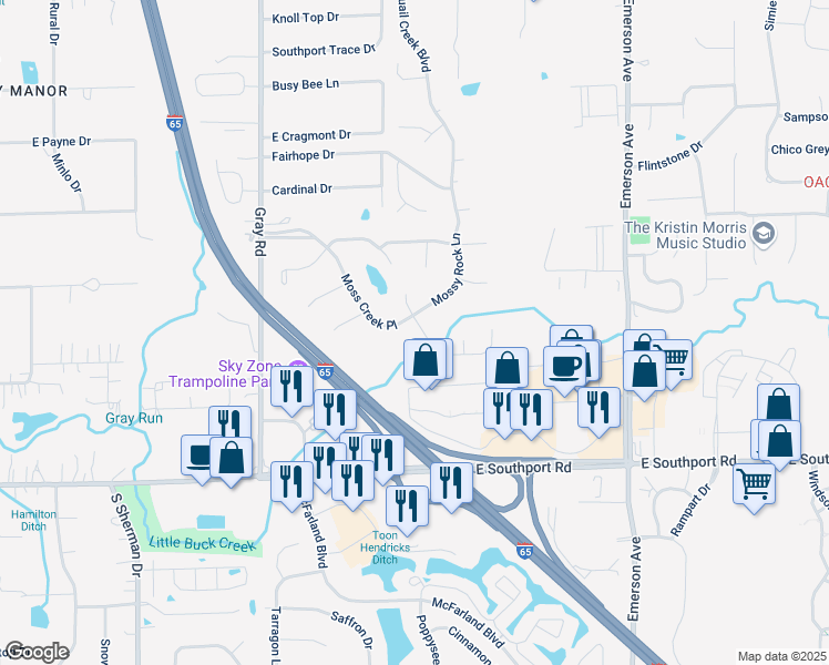 map of restaurants, bars, coffee shops, grocery stores, and more near 6650 Mossy Rock Lane in Indianapolis