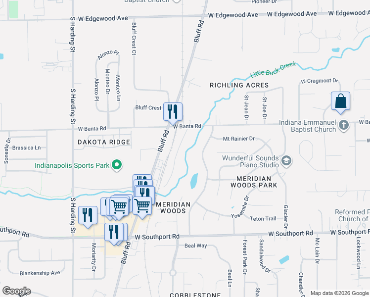 map of restaurants, bars, coffee shops, grocery stores, and more near 8923 South Meridian Street in Indianapolis