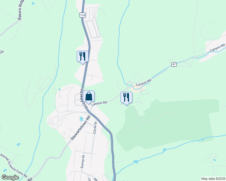 map of restaurants, bars, coffee shops, grocery stores, and more near 1277 County Route 67 in Morgantown