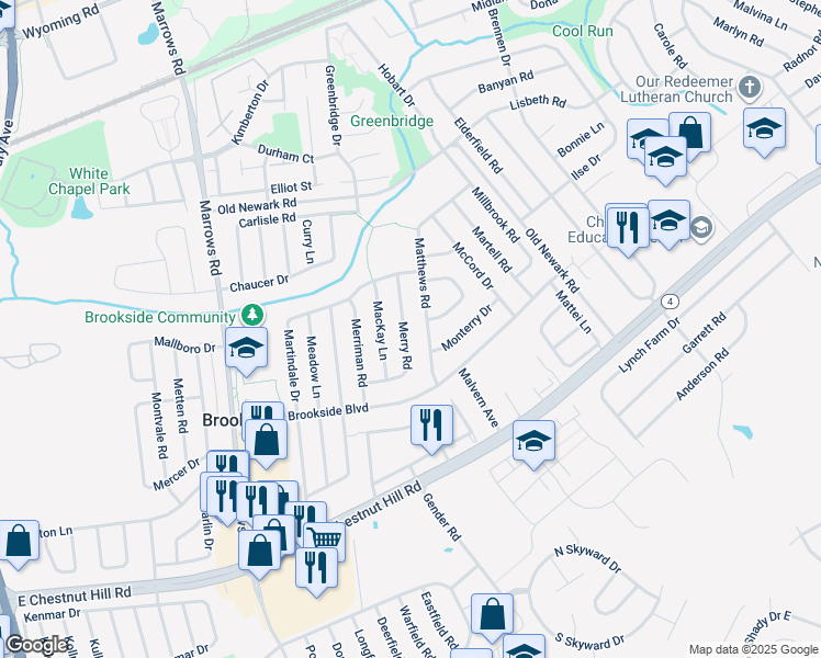 map of restaurants, bars, coffee shops, grocery stores, and more near 28 Merry Road in Newark