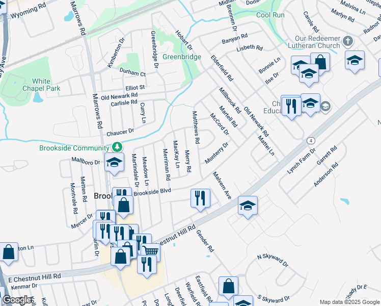 map of restaurants, bars, coffee shops, grocery stores, and more near 28 Merry Road in Newark