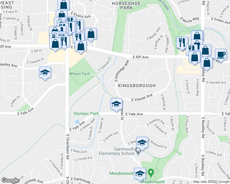 map of restaurants, bars, coffee shops, grocery stores, and more near 2551 South Kittredge Way in Aurora