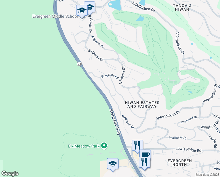 map of restaurants, bars, coffee shops, grocery stores, and more near 2459 Medinah Drive in Evergreen