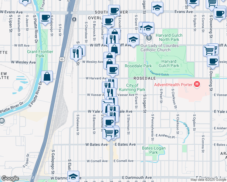 map of restaurants, bars, coffee shops, grocery stores, and more near 2537 South Broadway in Denver