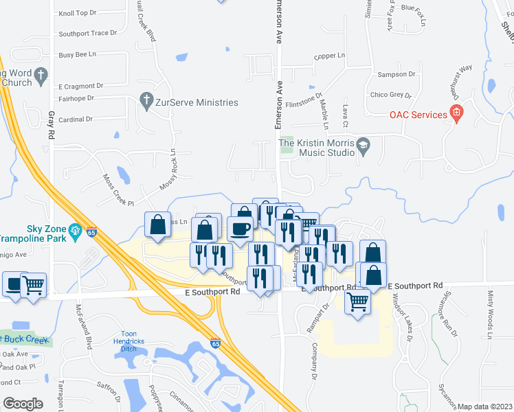 map of restaurants, bars, coffee shops, grocery stores, and more near 6702 Emerson Avenue in Indianapolis