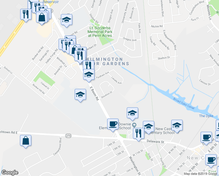 map of restaurants, bars, coffee shops, grocery stores, and more near 4 Stabler Court in New Castle