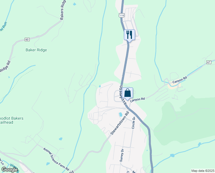 map of restaurants, bars, coffee shops, grocery stores, and more near 2058 Pinecrest Drive in Morgantown